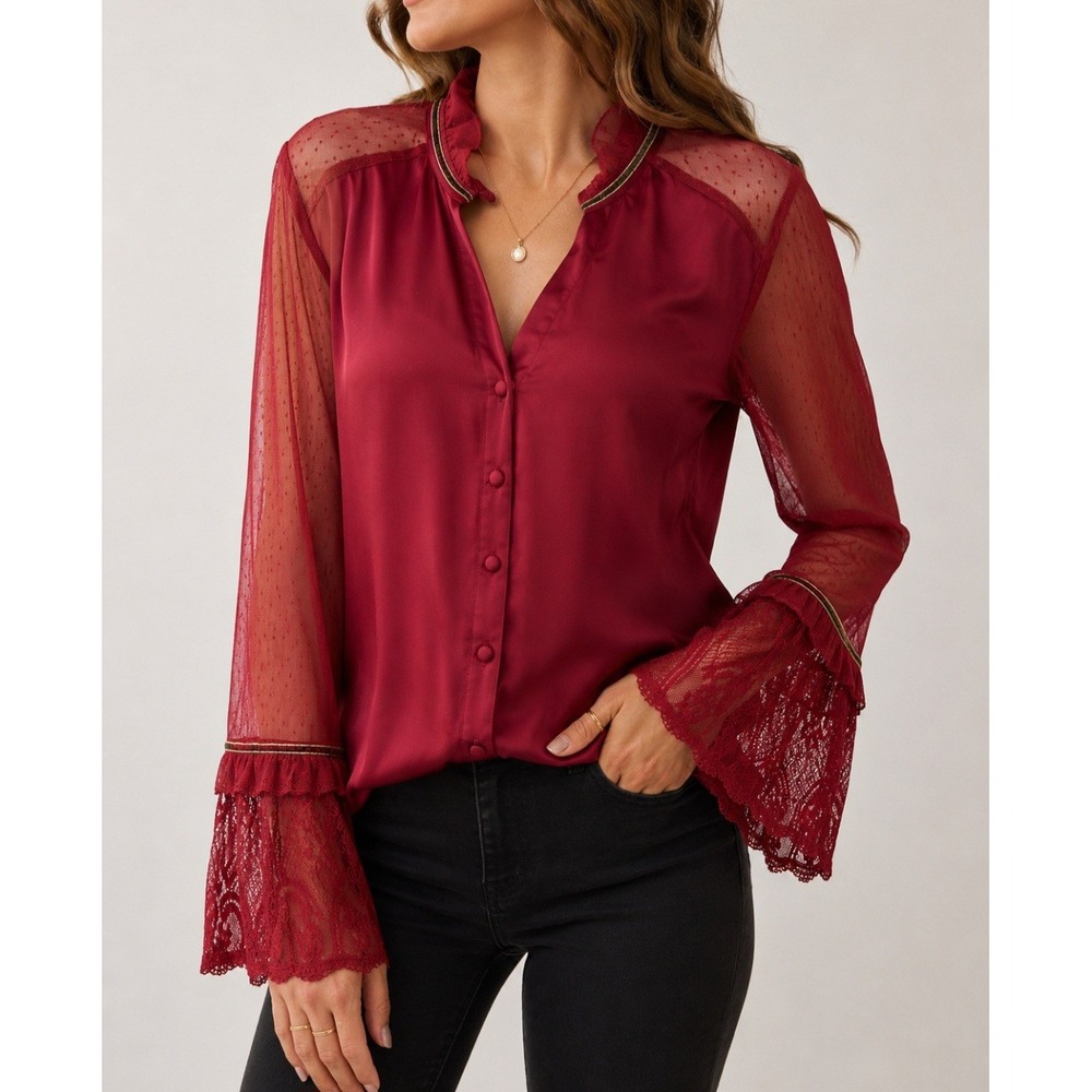 XOXO Womens Red Lace Back Blouse Sheer Mesh Bell Sleeve Ruffle Neck Top Large